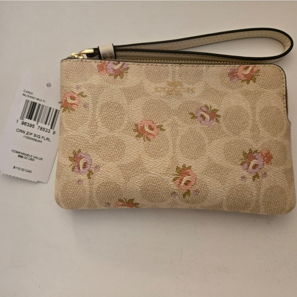 Coach Corner Zip Wristlet In Signature Canvas Floral Print Cream And Pink NWT - Picture 8 of 8